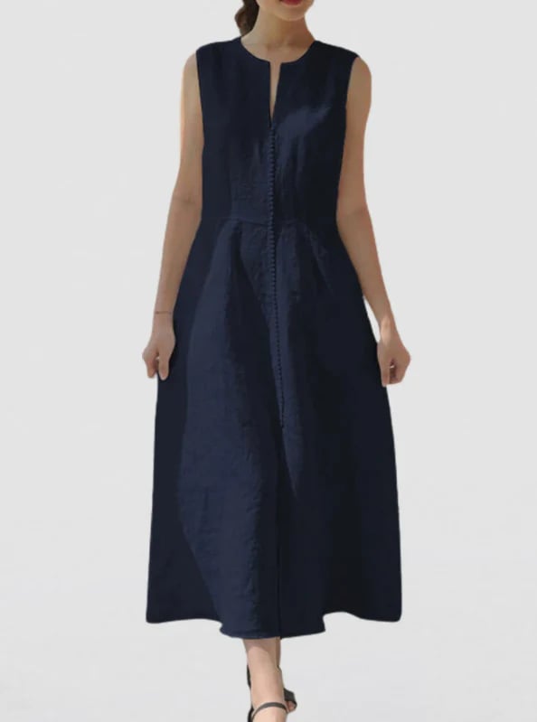 V-Neck Waisted Cotton And Linen Hem Slit Sleeveless Dress