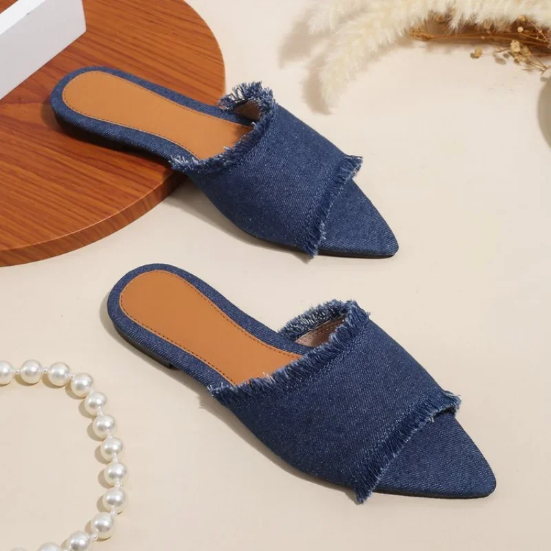 Women Flats Cowboy Slippers Fashion Beach Dress Shoes  Summer Femme Pointed Toe Flip Flops New Casual Slides