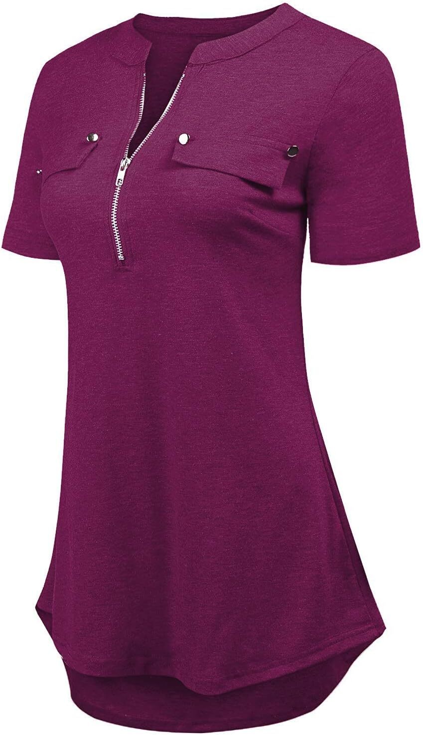 Damen Kurzarm Zip Quaste Long Shirt Business Casual Arbeit Büro Shirt