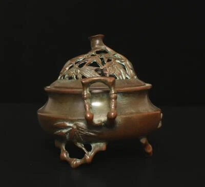 Qianlong Signed Old Chinese Bronze or Copper Incense Burner w/bamboo