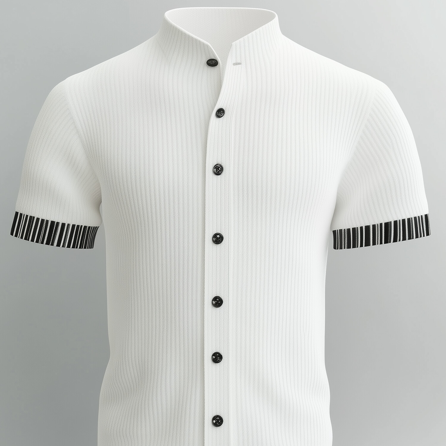 Men's Black Striped Stand Collar Short Sleeve Button Knit Shirt