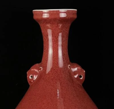 34CM Xuande Signed Old Chinese Red Glaze Vase w/ear N1114