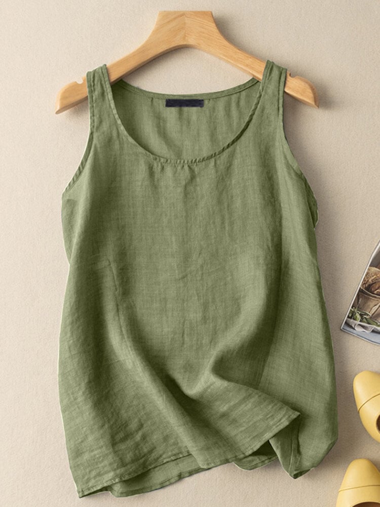 Solid Round Neck Sleeveless Casual Cotton Tank Top