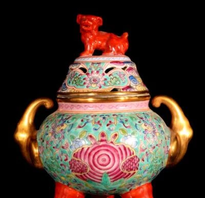 Yongzheng Signed Old Chinese Colour Enamel Incense Burner W/flower N1468