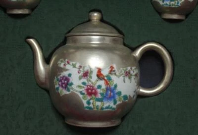 Set Qianlong Signed Chinese Famille Rose Silvering Teapot Cup W/ bird