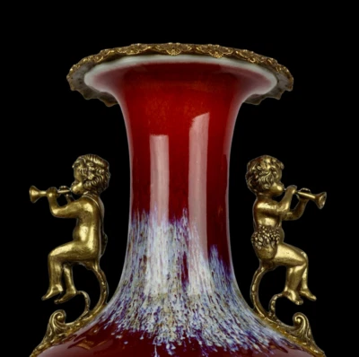 44CM Qianlong Signed Old Chinese Jun Kiln Yaobian Glaze Vase w/angle N3964