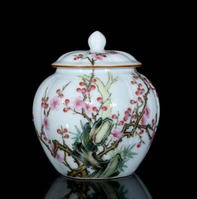 Pair Yongzheng Signed Old Chinese Colour Enamel Lid Pot W/plum blossom N3269