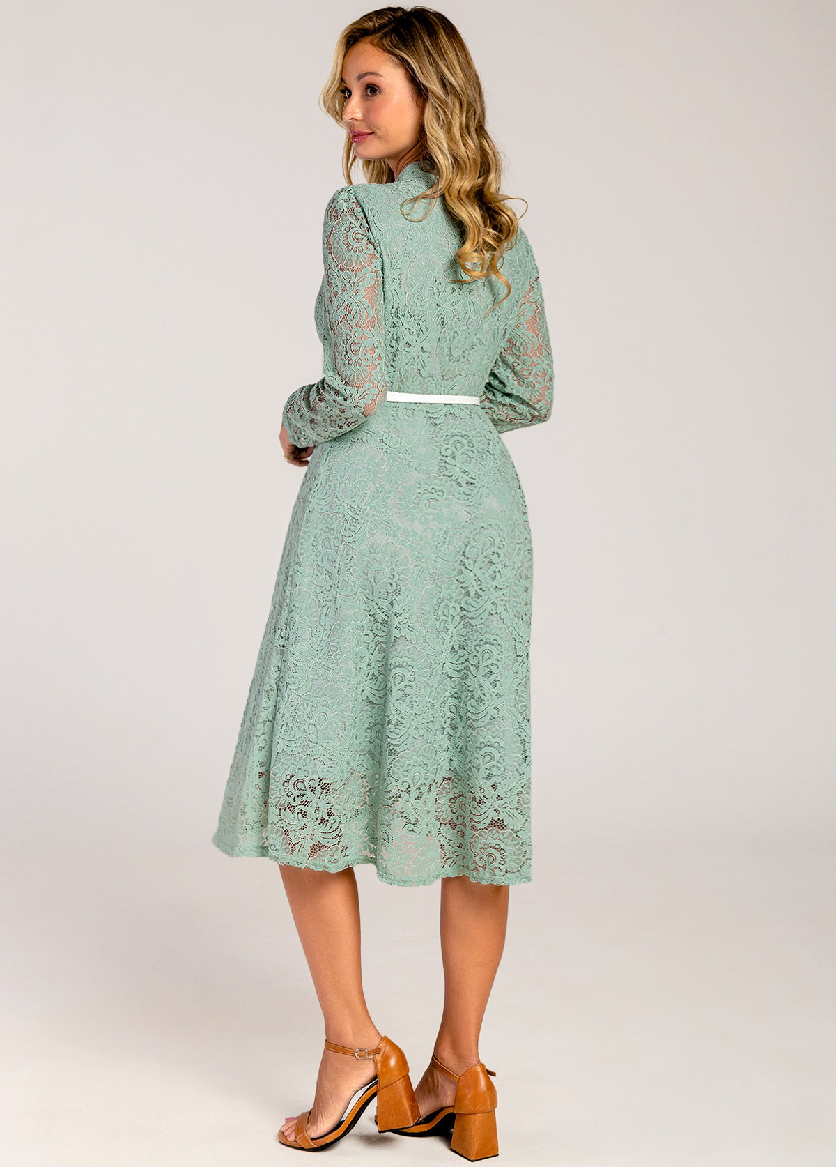 Bowknot Belted Lace Trim Mock Neck Sage Green Dress