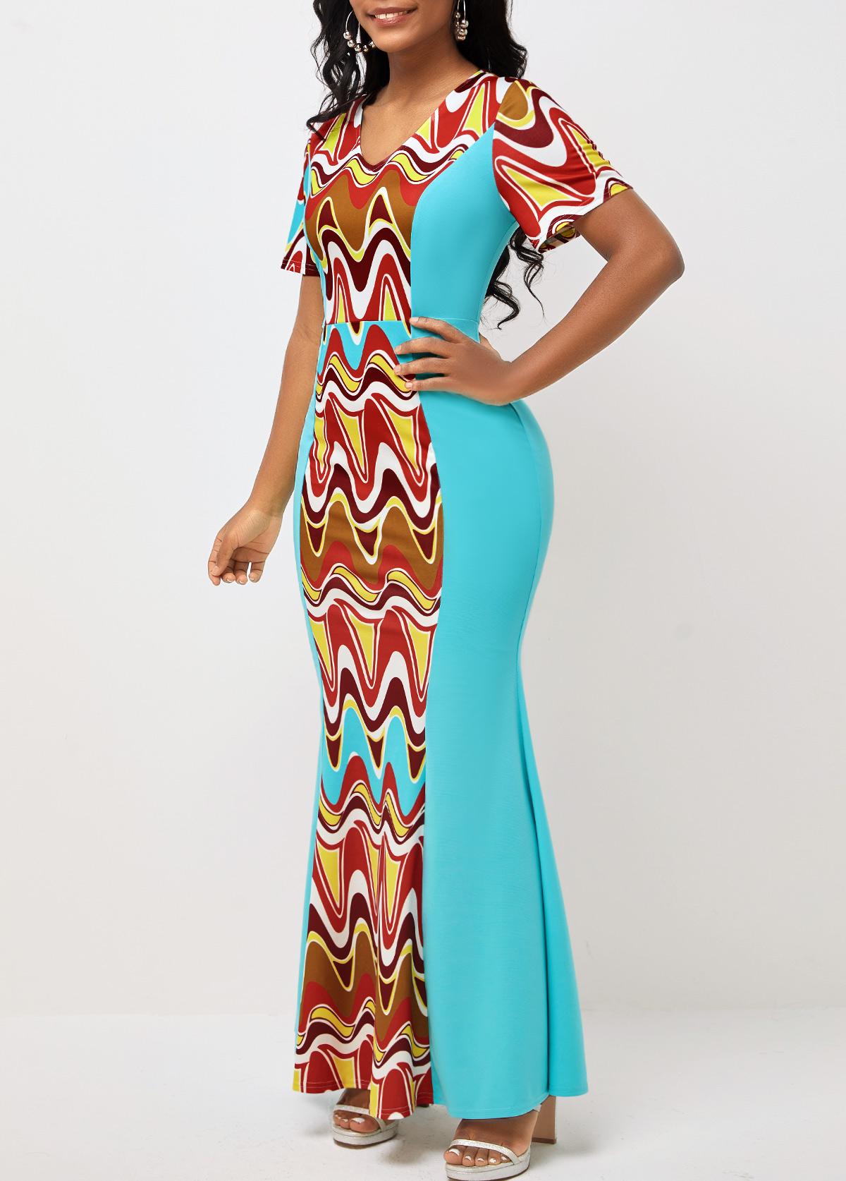 Cyan Tribal Print Short Sleeve V Neck Dress
