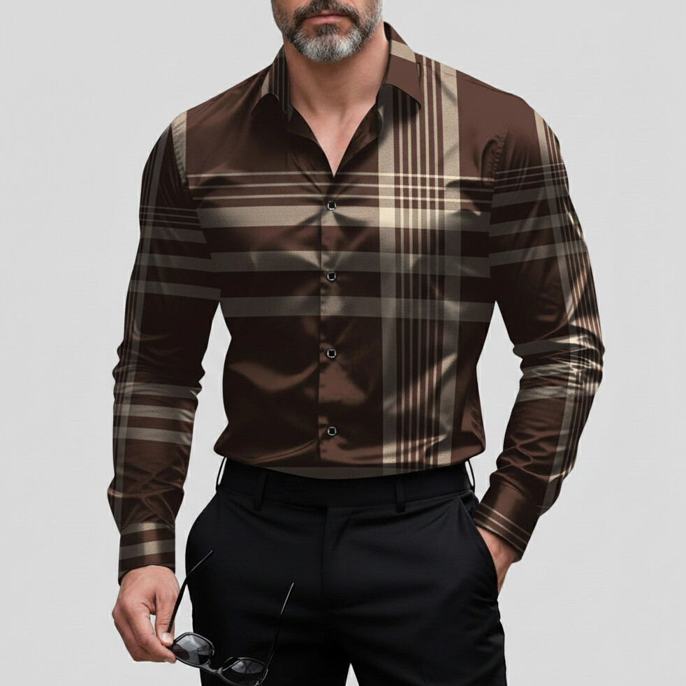 Men's Business Casual Plaid Single Breasted Long Sleeve Shirt