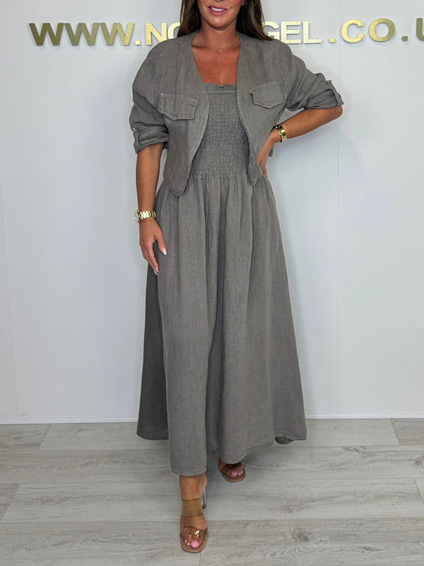🌲🔥 Linen Smocked Dress With Over Jacket Two-piece Set