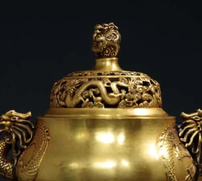 Ming Xuande Signed Old Chinese Red Copper Gilding Incense Burner w/dragon N2796