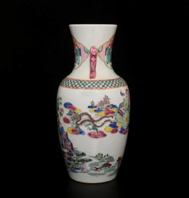 43CM Qianlong Signed Antique Chinese Famille Rose Vase W/figure