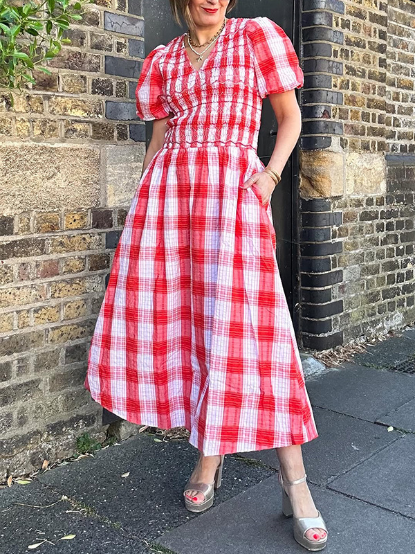🌲🔥 Summer Plaid Elastic Waist Bubble Sleeve Dress