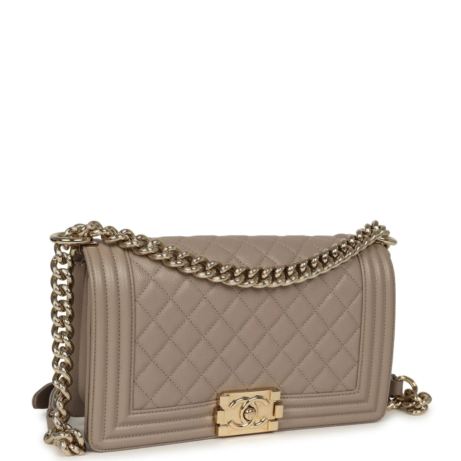 CHANEL Medium Boy Bag Dark Beige Shiny Caviar Light Gold Hardware
