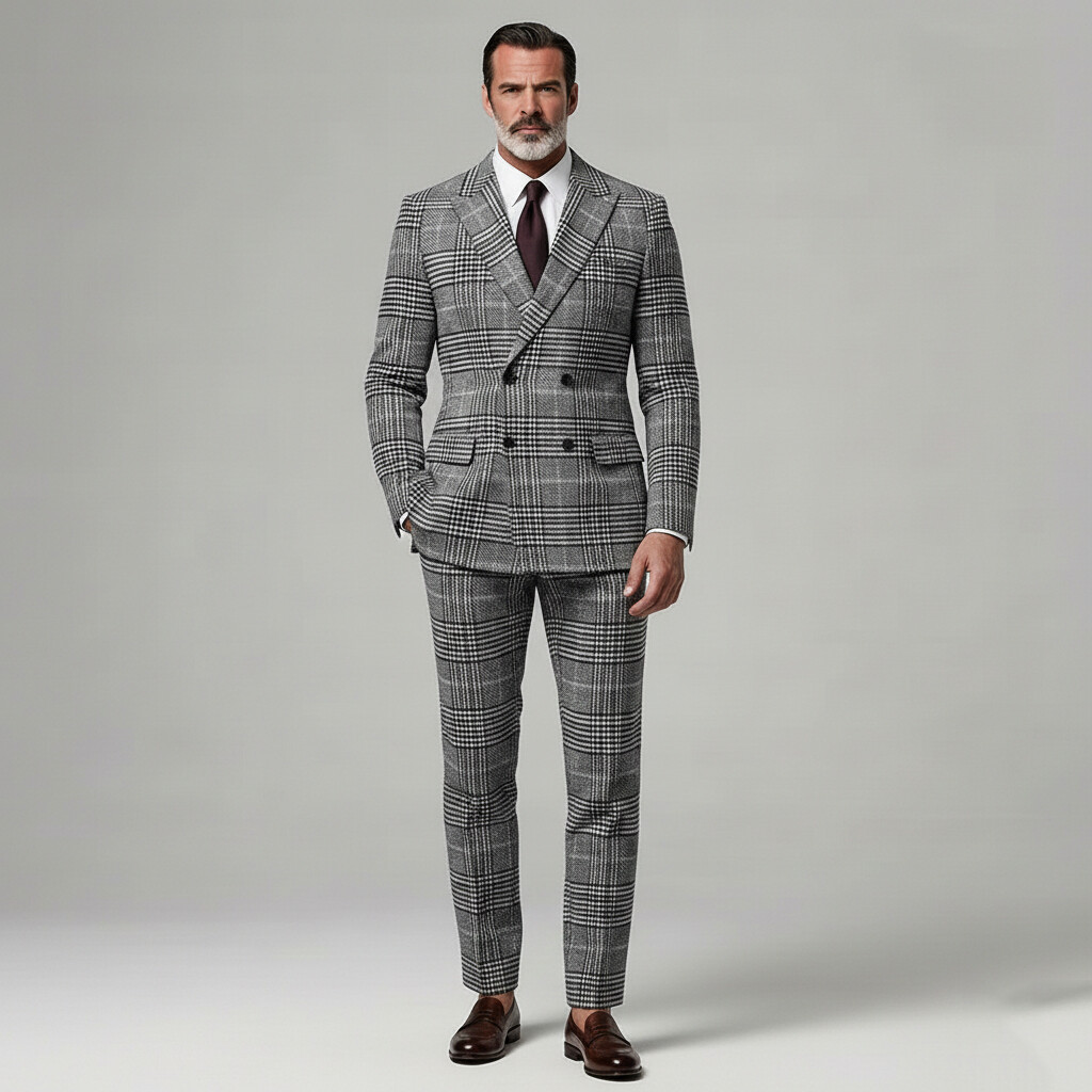 Men's Business Plaid Notched Lapel Long Sleeve Blazer & Straight Leg Pants 2Pcs Set