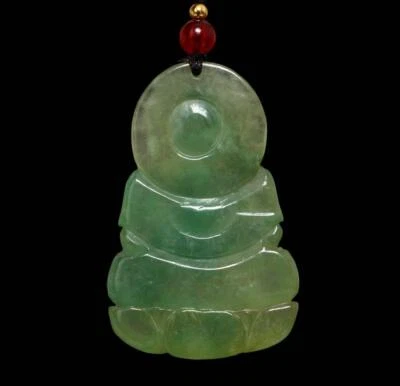 25G Chinese Natural Jadeite Jade Pendant w/Guanyin Buddha