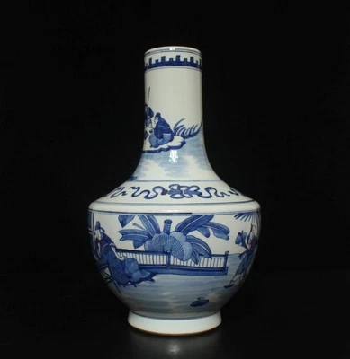 37CM Kangxi Old Signed Antique Chinese Blue & White Porcelain Pot Vase w/figures