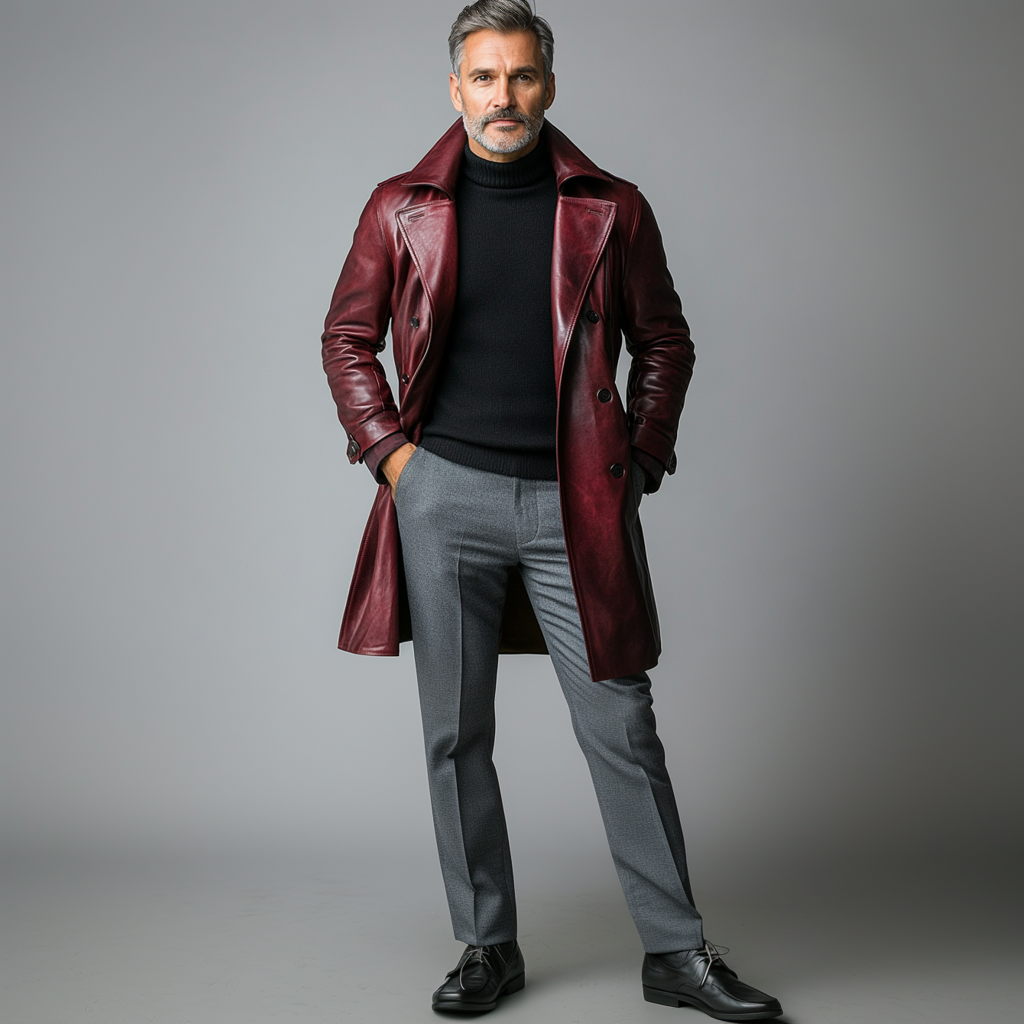 Men's Retro Lapel Double-breasted Long Sleeve PU Leather Overcoat