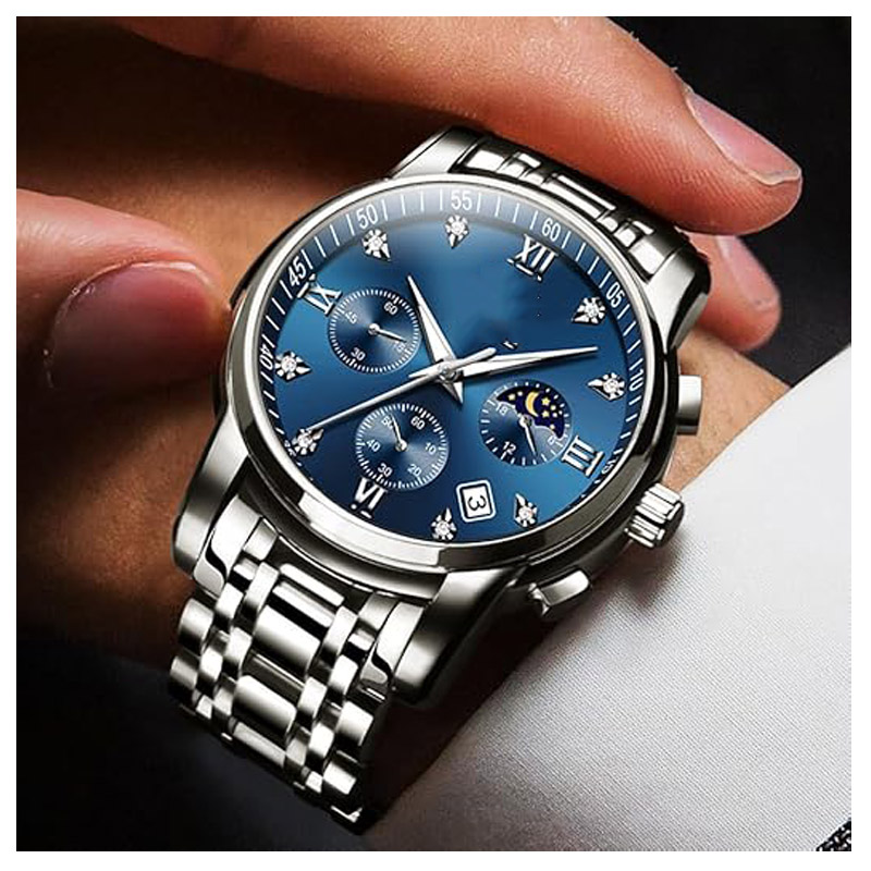 Men's watch, diamond-encrusted, business/formal style, quartz movement, stainless steel material, waterproof, luminous display, date display, two-tone strap, luxury casual wristwatch.