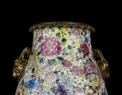 45CM Yongzheng Signed Old Chinese Famille Rose Vase w/sheep N4053