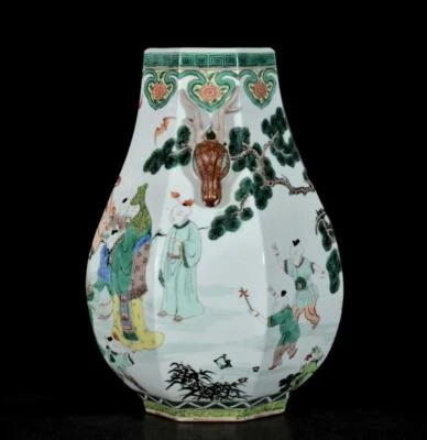 35CM Old Chinese Wucai Vase Deeer Zun W/figure N3128