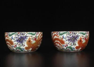 Pair Chinese Famille Rose Cups W/ phoenix