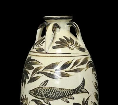 27CM Old Chinese Cizhou Kiln Vase w/fish N910