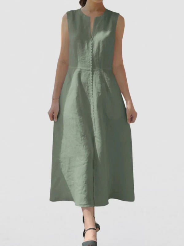 V-Neck Waisted Cotton And Linen Hem Slit Sleeveless Dress
