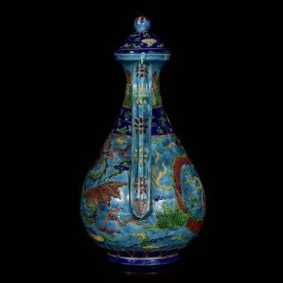 31CM Yongle Signed Old Chinese Fahua Color Teapot W/dragon N3101