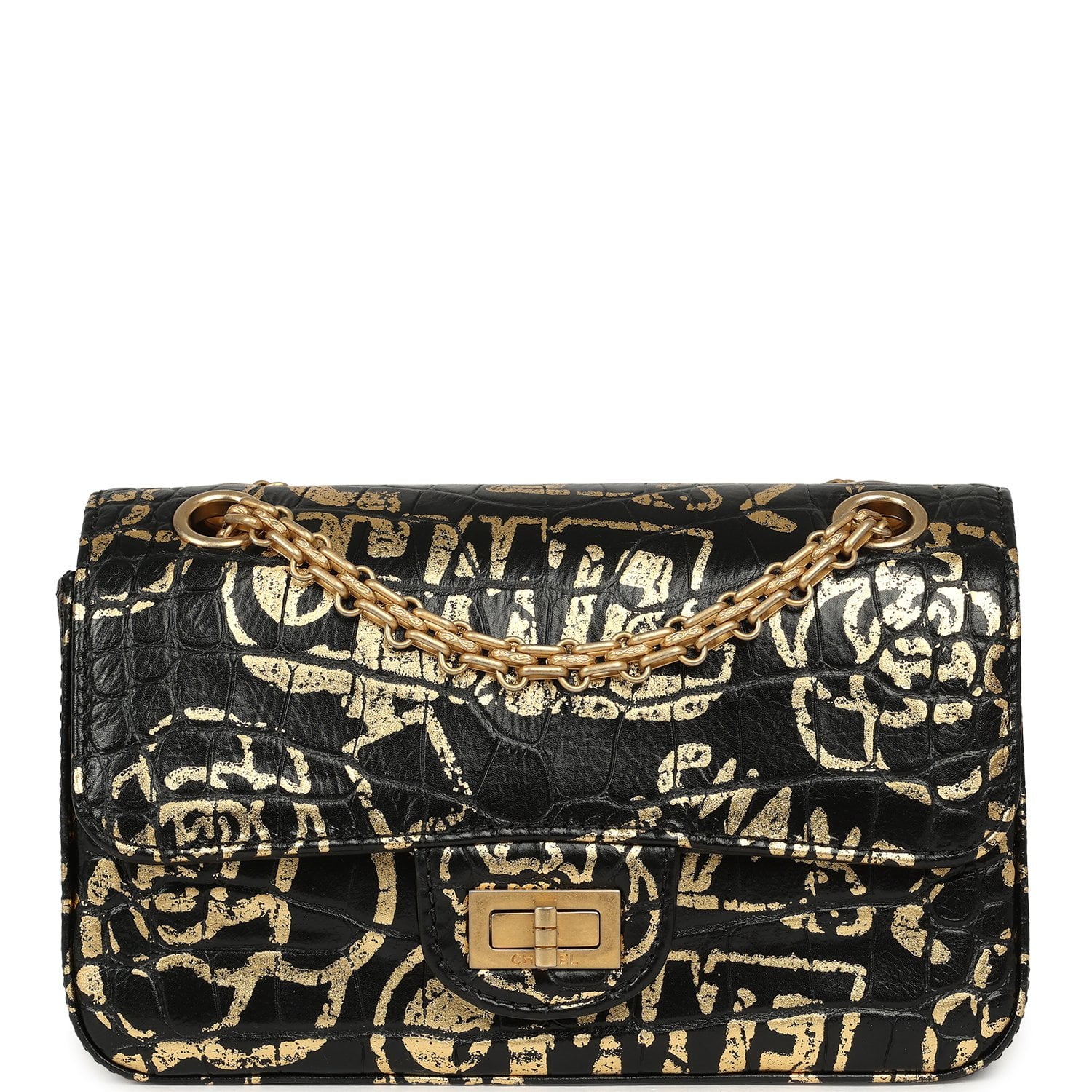 CHANEL Mini Graffiti Reissue 224 2.55 Flap Bag Black, Gold Croc Embossed Calfskin Brushed Gold Hardware