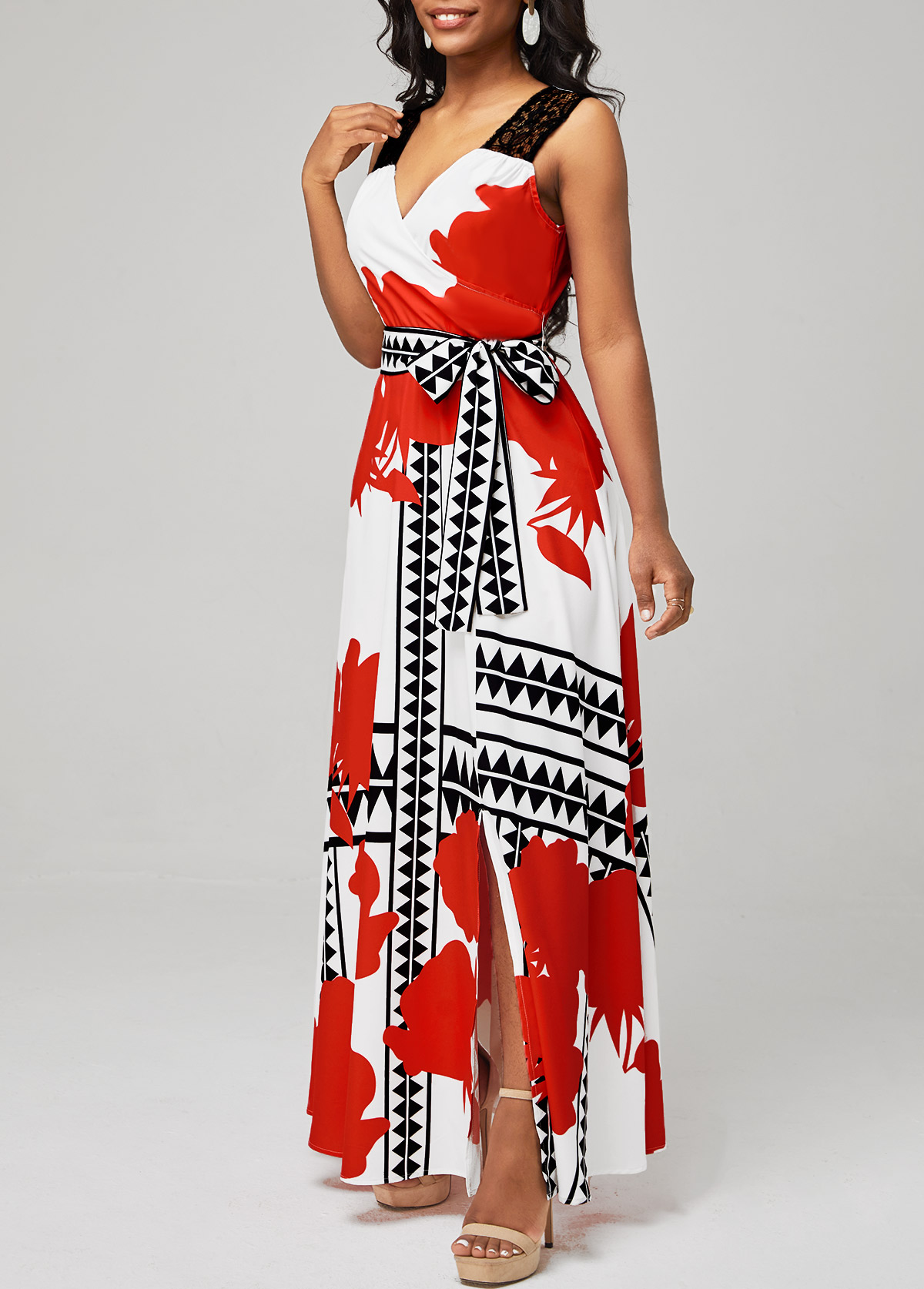 White Floral Print Side Slit Belted Dress
