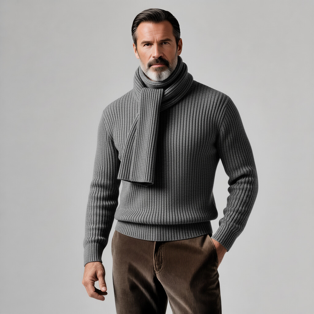 Men's Gray Ribbed Knit Long Sleeve High Neck Integrated Scarf Sweater