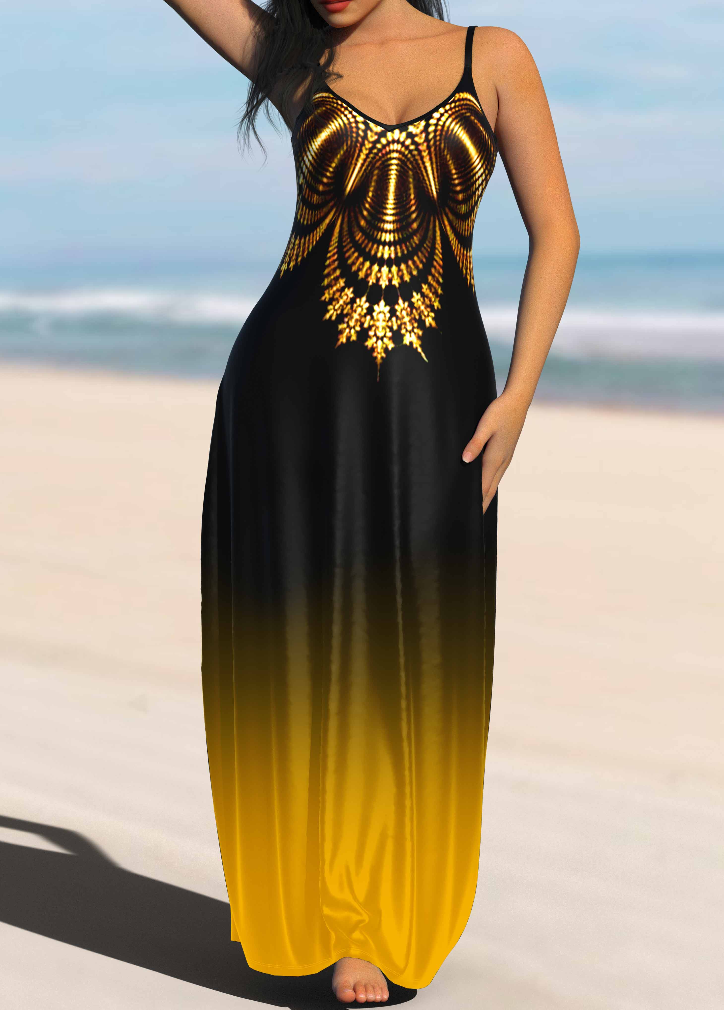 Tribal Print Ombre Strappy Maxi Dress
