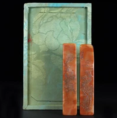 265G Pair Old Chinese Shoushan Stone Seal Stamp Statue w/dragon N969