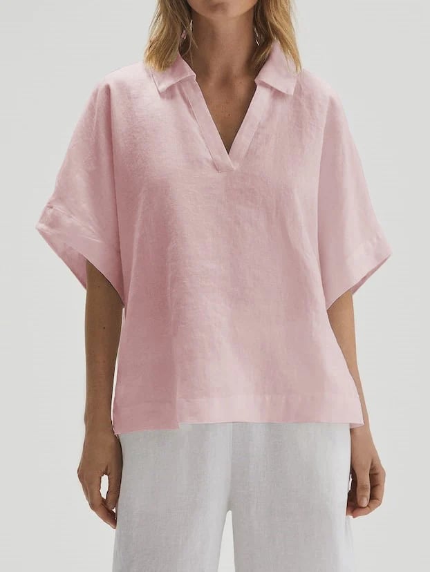 Cotton-Linen V-Neck Solid Color T-Shirt