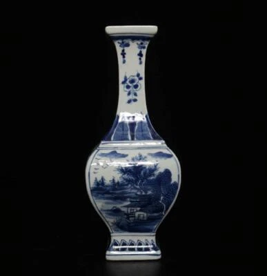 24.5CM Kangxi Signed Old Chinese Blue & White Porcelain Vase w/landscape