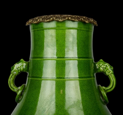 39CM Kangxi Signed Old Chinese Green Zun Vase w/dragon N3992