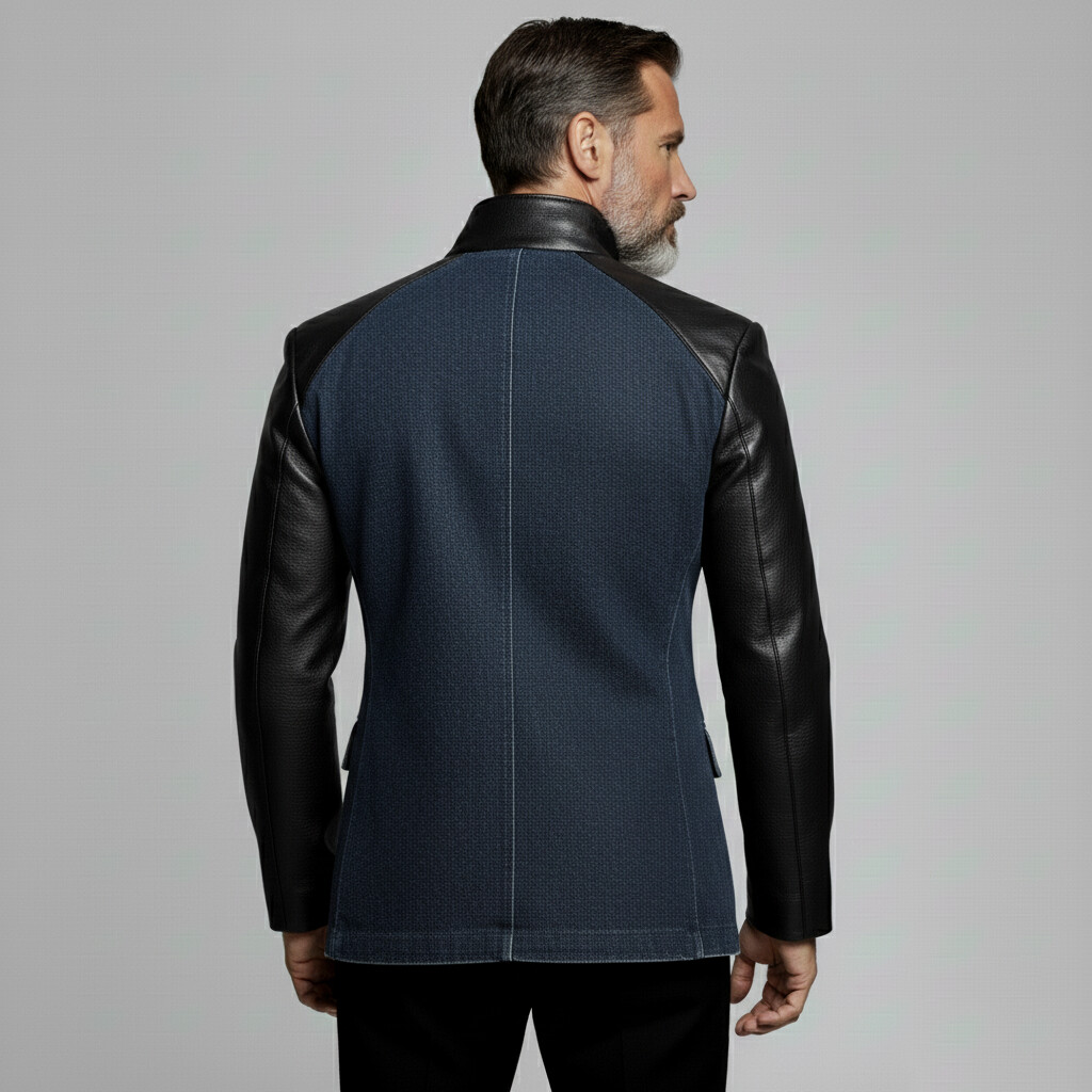Men's Navy Blue Denim PU Leather Patchwork High Collar Long Sleeve Asymmetrical Button Jackets