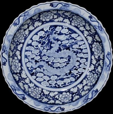 45CM Old Chinese Blue and White Dish Plate W/dragon N392