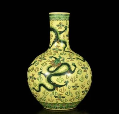 41CM Kangxi Singed Old Chinese Three Color Vase W/dragon flower N3392