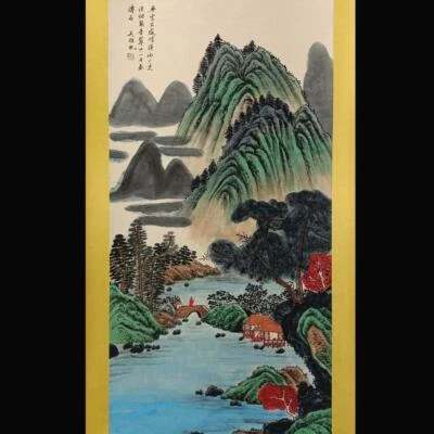 Wu Hufan Signed Chinese Hand Painted Calligraphy Scroll w/landscape N1839