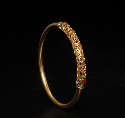 32G Old Chinese Carved Tibet Silver Gilding Bangle Bracelet 65MM