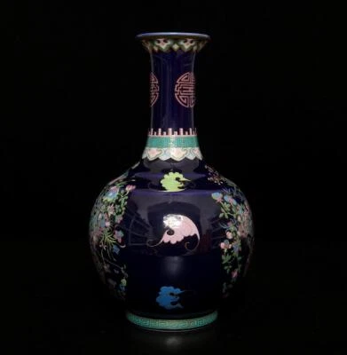 Qianlong Signed Antique Chinese Blue Glaze Famille Rose Vase W/flower