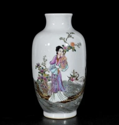 Qianlong Signed Pair Old Chinese Famille Rose Vase W/lady N3420