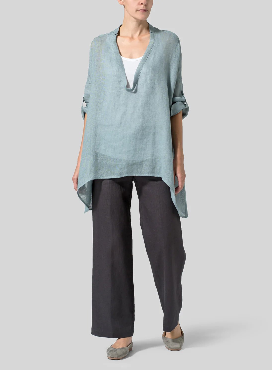 Womens Cotton Linen Loose Deep V Neck Pullover