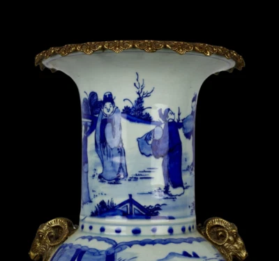 45CM Kangxi Signed Old Chinese Blue and White Vase w/figure N3952
