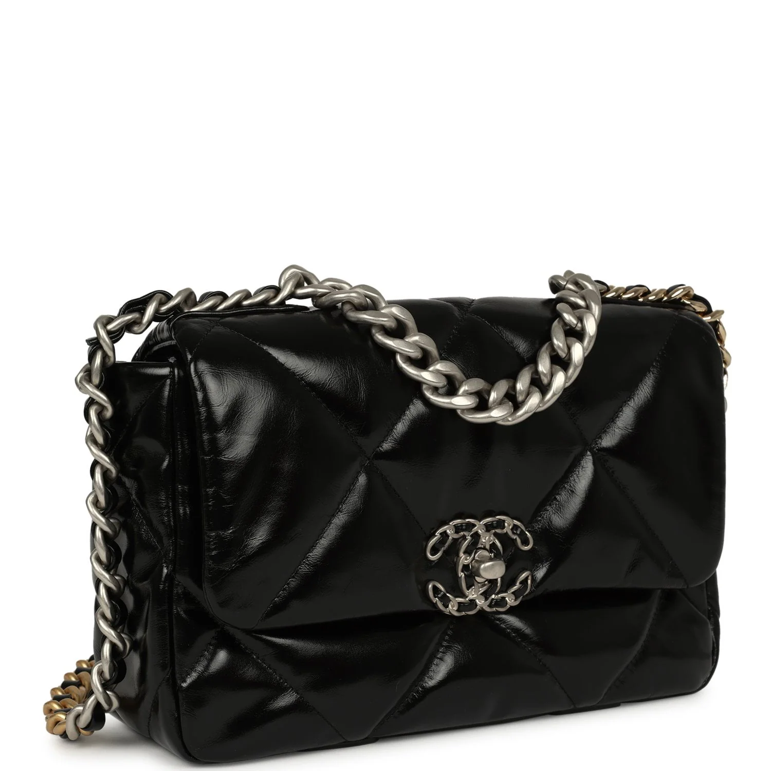 CHANEL Medium 19 Flap Bag Black Shiny Crumpled Calfskin Mixed Metal Hardware
