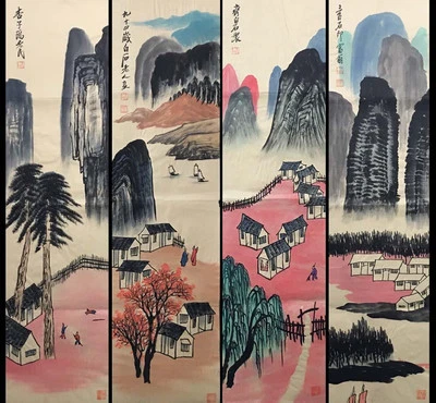 Four Qi Baishi Signed Chinese Hand Painted Calligraphy Scroll w/landscape N4057