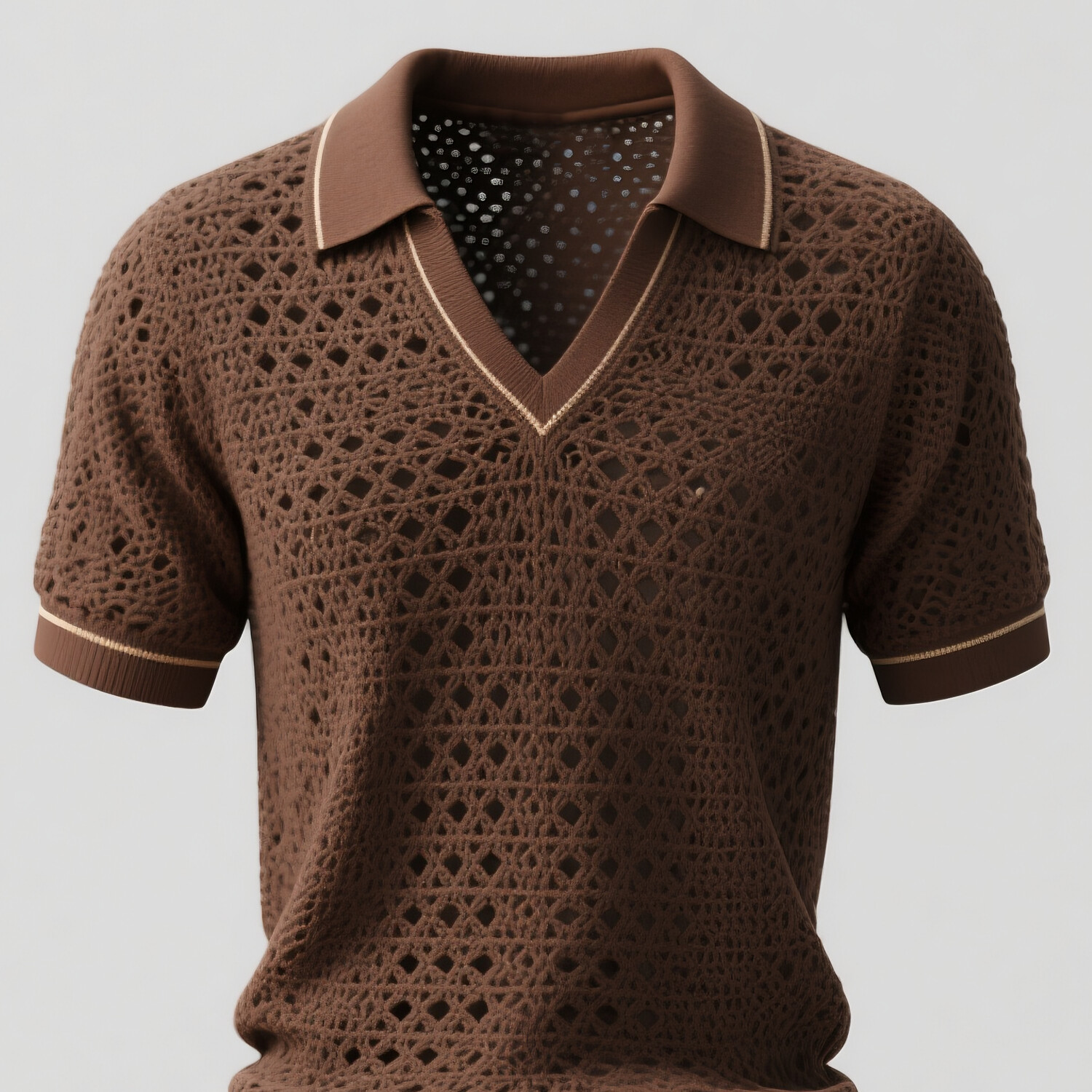 Men's Crochet Hollow Out Stripe Turndown Collar Short Sleeve Shirt